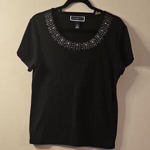 Karen Scott Black Short Sleeve Top with Embellished Neckline